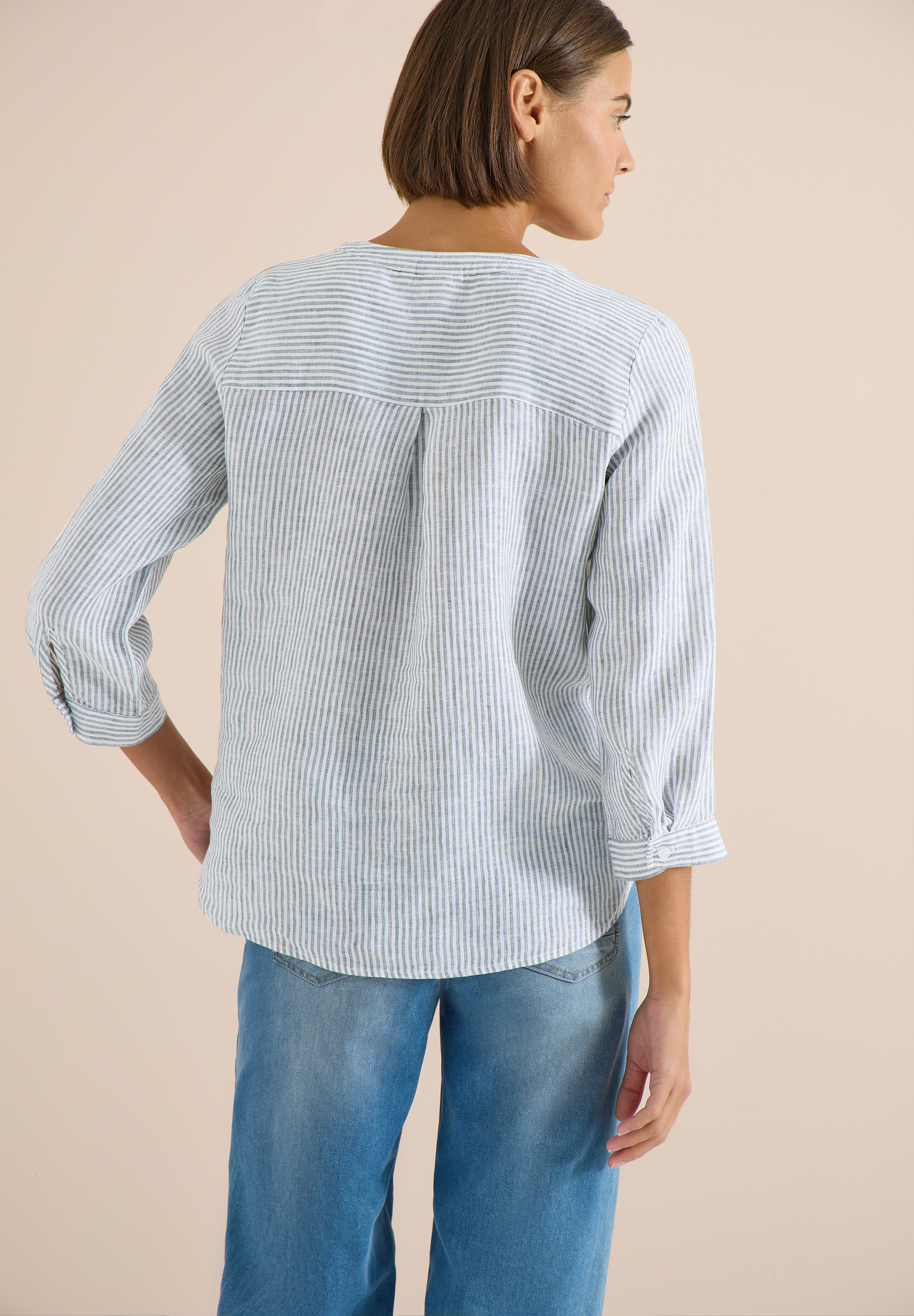 3/4-Arm Bluse mit Split Neck aus Leinen