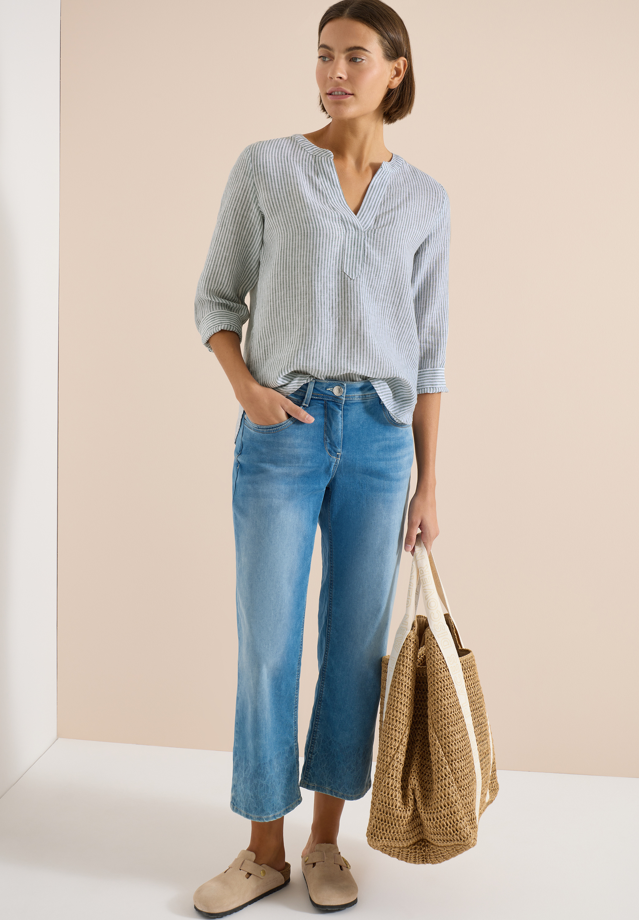 3/4-Arm Bluse mit Split Neck aus Leinen